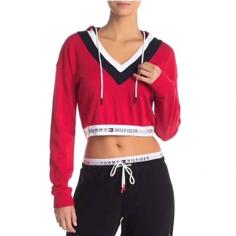 90s Style Tommy Hilfiger Cropped Sweatshirt Hoodie Red White Blue athletic XS